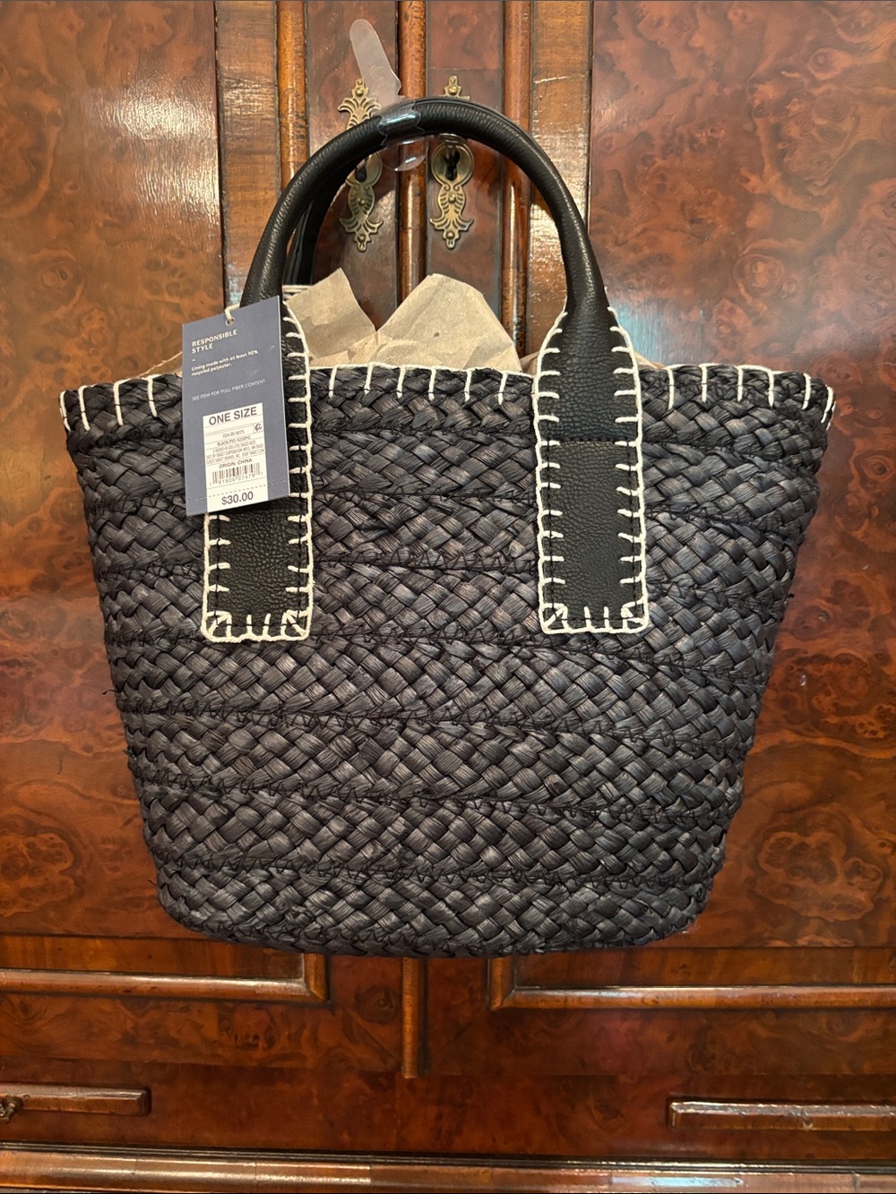 Universal Thread Black Woven Tote with Cream Stitching